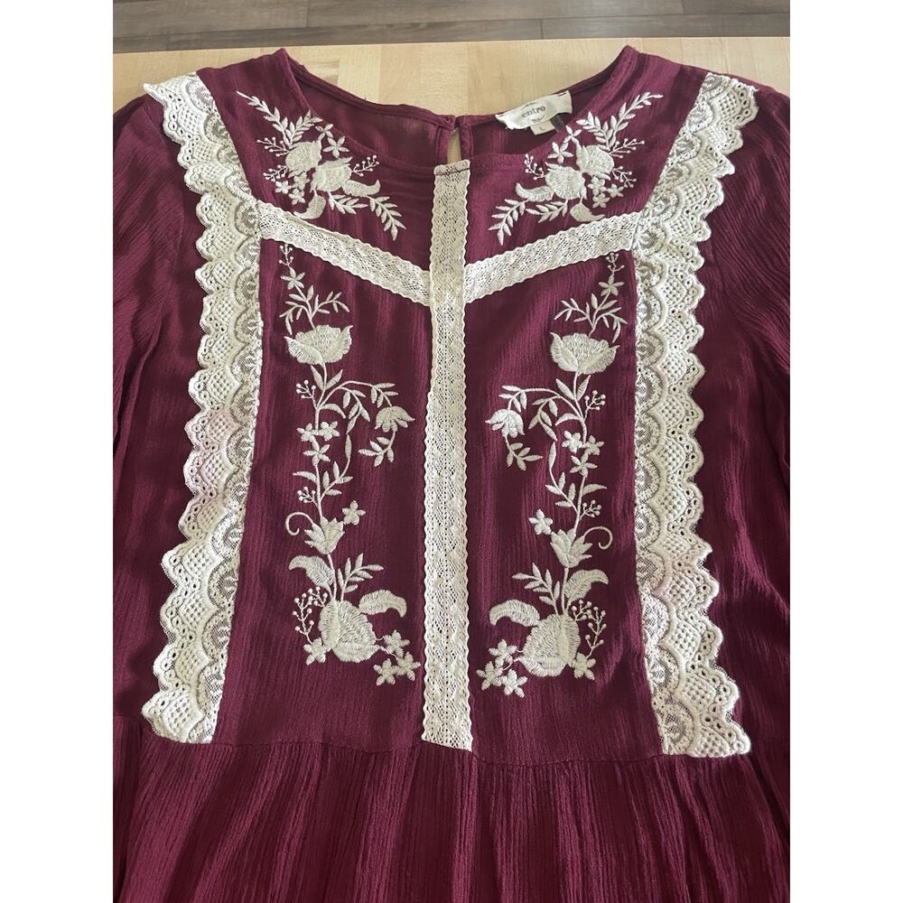 Deep Burgundy Kurta Style Floral Embroidered Tunic Flutter Sleeve Gauze L Boho